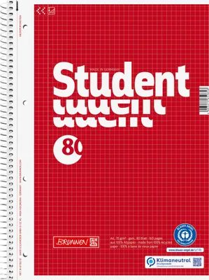 Zdjęcie produktu dla BRUNNEN 106783201 Collegeblock Student Recycling A4 5 mm kariert Deckblatt: rot