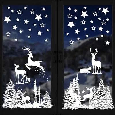 Produktbild von Unyqoos® Wiederverwendbare Weihnachts-Fenstersticker – 9 Bögen (je 30 x 20 cm), PVC, klassische Motive Tannen, Rentiere & Sterne für Fenster und Türen