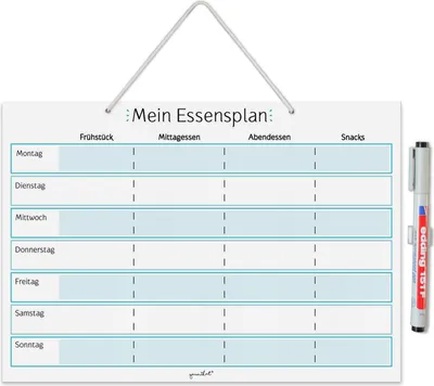 Produktbild von Mein Essensplaner zum Aufhängen in DIN A4 I Whiteboard Planer für die ganze Woche I abwischbar I Blau I mit Aufhängung, Stifthalter und Stift I dv919