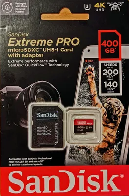 Produktbild von SanDisk Extreme PRO, 400 GB, microSDXC, UHS-I, 200 MB/s, 140 MB/s mit Adapter