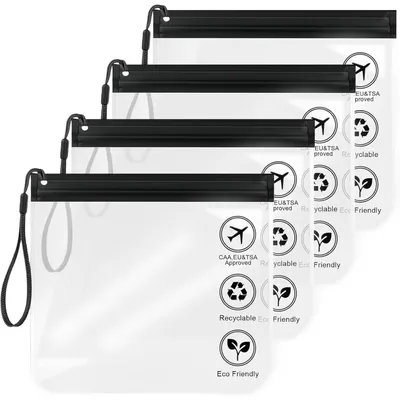 Productafbeelding van Kulturbeutel 1 liter, TSA-goedgekeurd, transparant, 20x20 cm, EVA-materiaal, 4 stuks, zwart, met touw