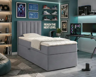 Produktbild von NORDELO Boxspringbett MORFEO 120x200 cm Grau Komplett-Set gepolstertes Einzelbett mit Stauraum, Matratze und 4 cm Visco-Topper, Bonellfederkernmatratze, T30-Schaum