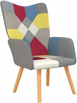 Produktbild von Relaxsessel aus Patchwork-Stoff mit Armlehnen und Holzbeinen, Polstersessel mit Schaumstoffpolsterung für das Wohnzimmer, moderner Einzelsessel, 61,5 x 69 x 95,5 cm