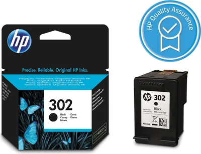 An HP ink cartridge box and the ink cartridge itself are shown, along with an HP Quality Assurance seal.