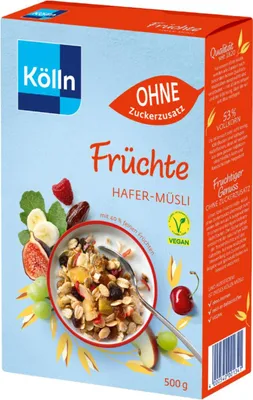 A box of Kölln Müsli Früchte o. Zuckerzusatz.