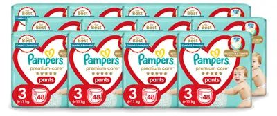 Imagen del producto de 12 pañales tipo pantalón Pampers Premium Care, talla 3 (6–11 kg) – paquete económico – 12 unidades