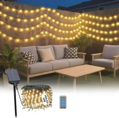 Obrázok produktu pre Solárne vonkajšie svetlá, 30 metrov, 300 LED, teplá biela farba – vodeodolné, s 8 režimami a časovačom, vhodné na oslavy a do záhrady