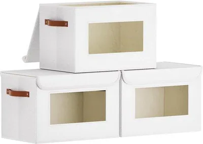 Produktbild von Famanu Aufbewahrungsbox Set aus 3 faltbaren Stoffboxen mit Deckel und Sichtfenster, Weiß, 38x25x25 cm