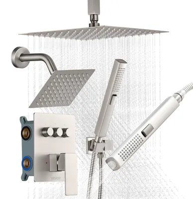 Image de VEVOR Ensemble de Robinetterie de Douche, Système de Douche 3 Fonctions, Pommeau Haut à Effet Pluie 25,4 cm, Pommeau Mural et Douchette à Main, Kit de Valve en Laiton et Garniture, Nickel Brossé
