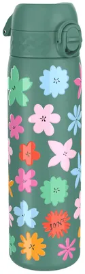 Produktbild von ion8 Leicht Stahl-Trinkflasche, 600 ml, Nicht IsoliertAuslaufsicher, Einhandöffnung, Sichere Verriegelung, Spülmaschinenfest, Klappdeckel, Tragegriff, Leicht zu Reinigen, Grüne Blumen