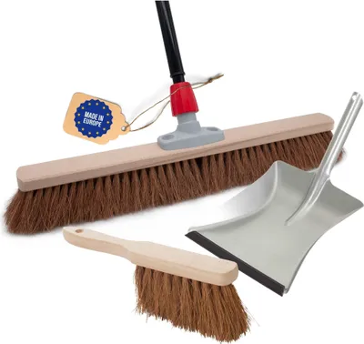 Produktbild von Novaliv Kokosbesen 60 cm mit Teleskopstiel Kokosborsten inkl. Kehrgarnitur verzinkt mit Gummilippe bestehend aus Kehrblech und Handfeger Besen Naturborsten Werkstattbesen Industriebesen mit Stiel