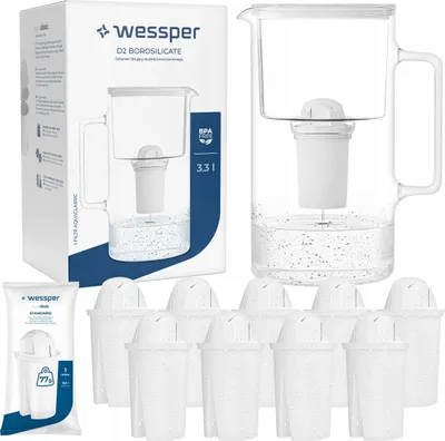 Obrázek produktu pro Skleněný filtrační džbán Wessper 3,3 litru bílý + 10x aquaclassic 77g filtry