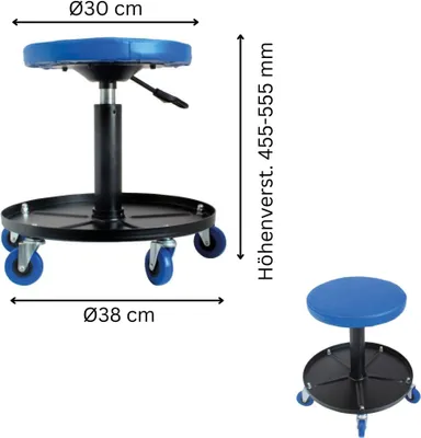 Produktbild von Höhenverstellbarer Werkstattstuhl Werkstatt Rollhocker Rollsitz Stuhl Werkstatthocker 455 - 555 mm