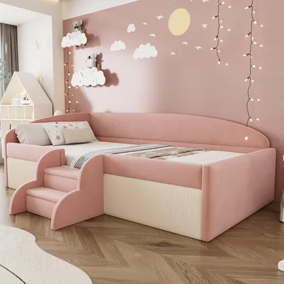 Obrázek produktu pro Merax čalouněná postel denní lůžko 90×190 cm se schůdky a bezpečnostním zábradlím, rozkládací multifunkční postel se sametovou látkou, růžová + krémová bílá