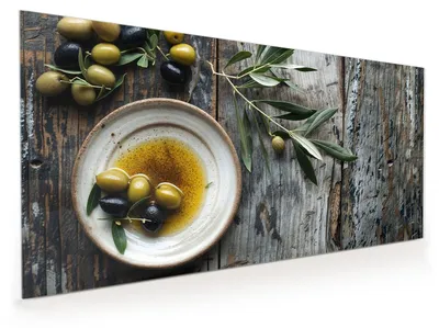 Produktbild von Küchenrückwand Spritzschutz Glas mit Motiv Oliven auf Teller 40 x 40 cm