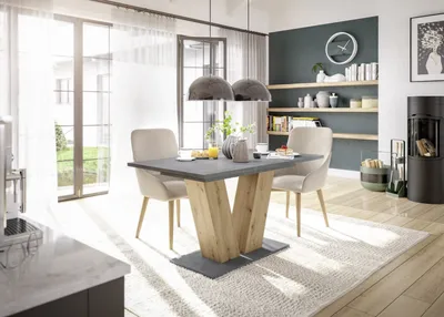 Produktbild von Säulen-Esstisch >Teo< ( ausziehbar bis 180cm) in asteiche / graphit - 140/180x76x80cm (BxHxT)