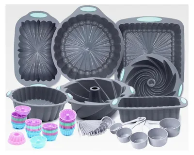 Produktbild von 72-teiliges Silikon-Backformen Set, Antihaft-Backformen Set, Silikonpfanne für die Küche mit Kuchenformen, Laibpfannen, Backformen, Messbechern und Löffeln, grau
