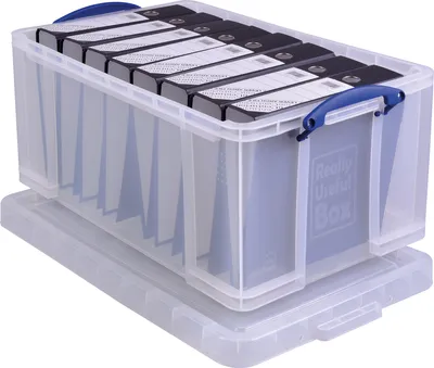 A transparent storage box filled with black binders, sitting on its lid.