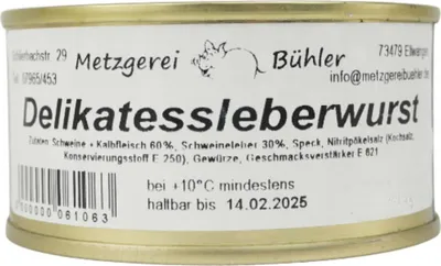 Produktbild von Delikates Leberwurst Dosenwurst 120g-200g - Wurstkonserve | Metzgerei Bühler – 200g