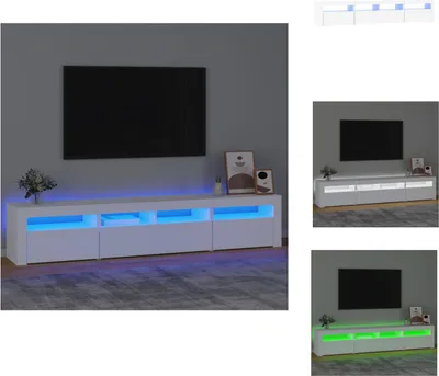 A collage of images showing a white TV stand with LED lights in different colors (blue and green). The main image shows the TV stand with blue lights, a TV mounted on the wall above it, and some decorative items on top. The other images show close-ups or d