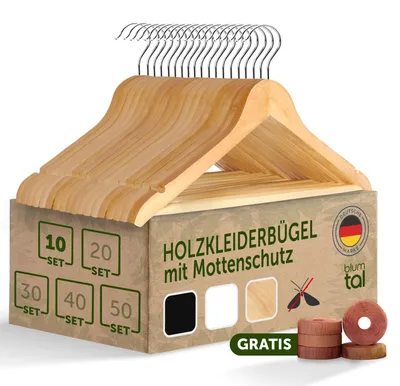 Produktbild von Blumtal Kleiderbügel Holz 10er Set - Holzbügel mit 360° drehbarem Metallhaken - Bügel aus robustem Holz mit Zedernholz Mottenschutz