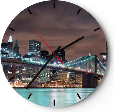 Produktbild von Wanduhr - Rund - Glasuhr - Stadt Brücke Wolkenkratzer - 30x30cm - Schleichendes Uhrwerk - Lautlos - zum Aufhängen bereit - Dekoration Modern - Wanddekoration aus Glas - C3AR30x30-0218