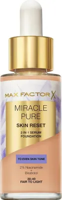 Zdjęcie produktu dla Max Factor Miracle Pure 2in1 Skin Reset, Buteleczka z kroplomierzem, Płynny, Skóra wrażliwa, Tonizujący, Odcień fair skin, Odcień light skin, Beżowy