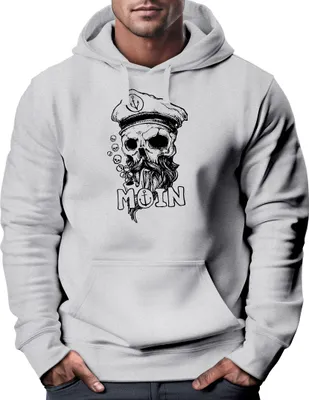 Produktbild von Hoodie Herren Moin Kapitän Totenkopf Anker Bart Hamburg Print Männer Fashion Streetstyle Neverless® grau 4XL
