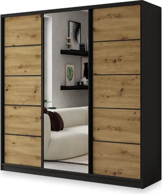 A three-door wardrobe with a mirrored center door and wood-effect side doors, set against a light gray background.