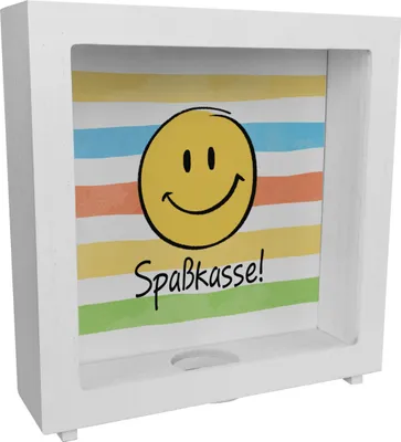 Produktbild von Emoticon Rahmen Spardose aus Holz mit Spruch Spaßkasse