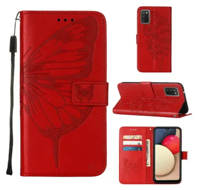 Produktbild von Galaxy A02S Hülle, Schmetterling Prägung Flip Leder Kartenfächer Schutzhülle Ledertasche mit Ständer für Samsung Galaxy A02S Rot