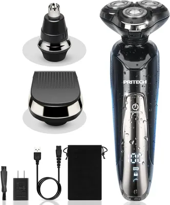 Image de Rasoir électrique 3-en-1 PRITECH pour homme, Wet & Dry, étanche IPX7, sans fil, tondeuse de précision et tondeuse à barbe, tête de rasage rotative