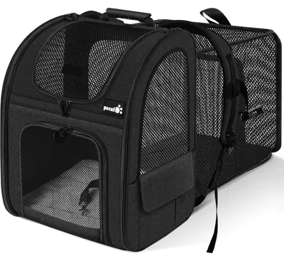 Produktbild von Erweiterbarer Hunderucksack XL für 6-10 kg, faltbar, atmungsaktiv, mit Netzfenster, Grau/Schwarz