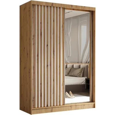 Image de BEAUTYSOFA Armoire moderne à barreaux et tiroirs HELIX 150 cm - Armoire, penderie avec portes coulissantes et miroir (Artisan + blanc)
