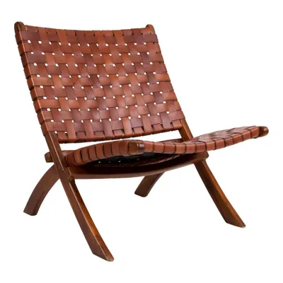 A brown leather woven folding chair on a white background.