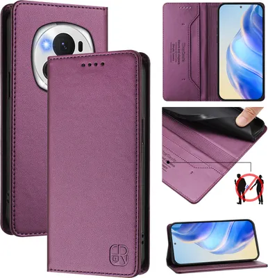 Obrázek produktu pro Kožené pouzdro pro Honor Magic6 Pro, flipové pouzdro s přihrádkami na karty, peněženkou a stojánkem Fialová