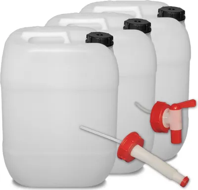 Produktbild von plasteo 3er Set: 20 Liter Getränke- Wasserkanister Natur mit Hahn, Schraubdeckel und flexiblem Ausgießer (DIN 61) | Lebensmittelecht | Tragbar | Indoor und Outdoor | BPA Frei