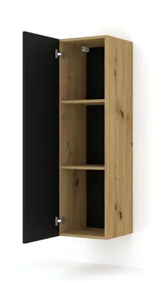A wall-mounted cabinet with one door open, showing three shelves inside.
