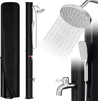 Zdjęcie produktu dla Aopunly Solardusche 35 l – prysznic ogrodowy z ręczną słuchawką, wbudowaną słuchawką do stóp i okrągłą głowicą prysznicową, w zestawie z materiałami montażowymi i osłoną, kolor czarny