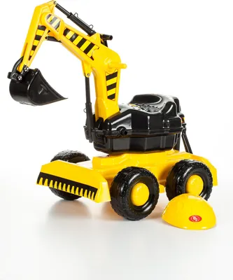 A yellow and black toy excavator is shown on a white background.