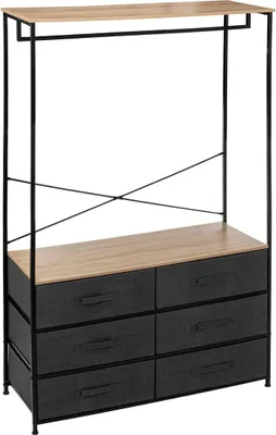 A freestanding wardrobe with a hanging rail and six drawers.