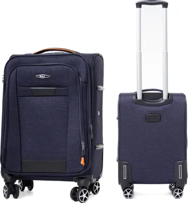 Two views of a navy blue suitcase against a white background.