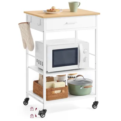 A kitchen cart with a microwave, cookware, and food items.