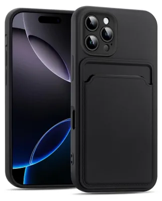 A black phone case with a card holder is shown in front of a smartphone.