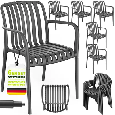 Produktbild von tillvex® Gartenstühle 6er Set Stapelbar Wetterfest mit Armlehne | Outdoor Stühle bis 120kg belastbar | Gartenstühle Outdoor | Terrassenstuhl Gartenmöbel Balkon Garten Terrasse