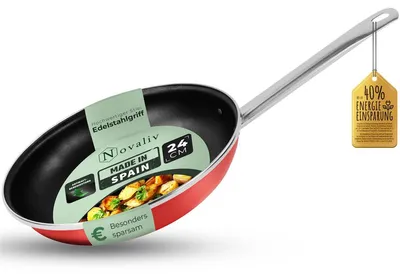 Obrázek produktu pro Novaliv energeticky úsporná pánev 24 cm Úspora až 40 % - Smaltovaná ocel, nepřilnavý povrch uvnitř, velmi snadno se čistí, červená, pánev pro všechny typy sporáků Vhodné do myčky nádobí Rukojeť z nerezové oceli