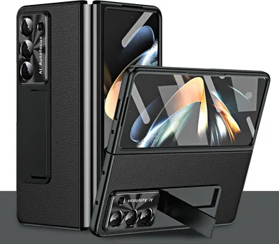 Image de Étui pour Samsung Galaxy Z Fold 5 Étui en PC rigide avec texture en litchi, support, protecteur d'écran et protecteur d'objectif noir
