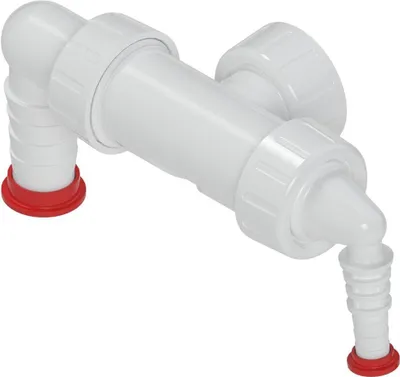 A white plumbing siphon with red accents against a white background.
