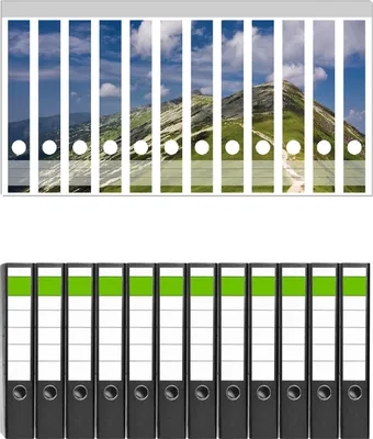 Produktbild von Wallario 12 Stück schmale Ordner inkl. Klebeetiketten mit Motive Alpenluft -  Set mit Rückenschildern / Ordnerrücken Stickern