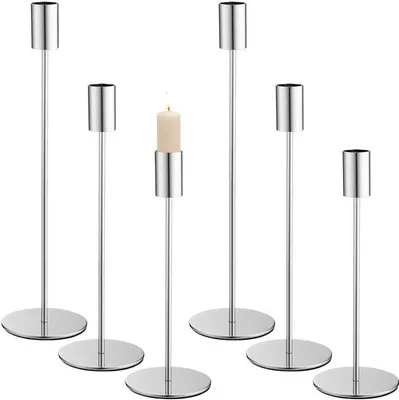 Produktbild von Silberne Kerzenständer-Set, Kerzen in Säulenform, 3 Höhen, 33/28/23 cm, für Hochzeiten, Feiern, Abendessen und Wohnaccessoires